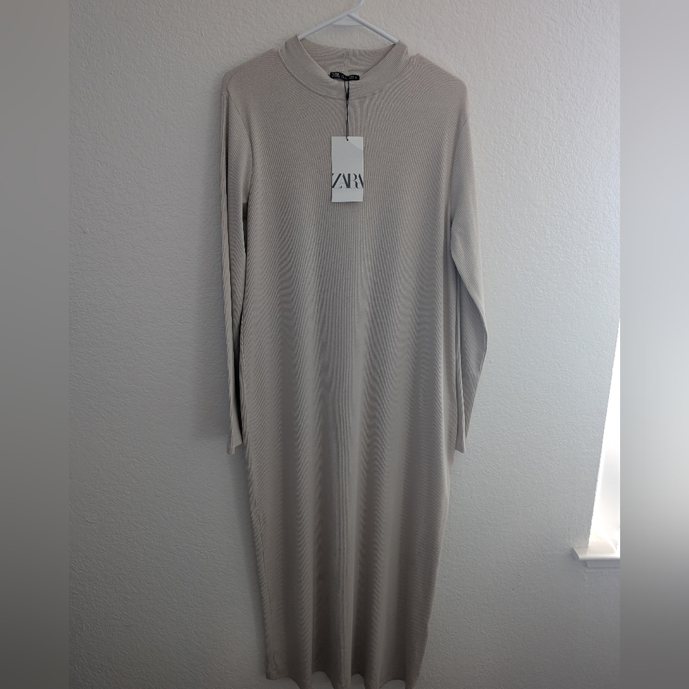 Zara Long Sleeve Maxi Dress Beige Size Large - Picture 5 of 5